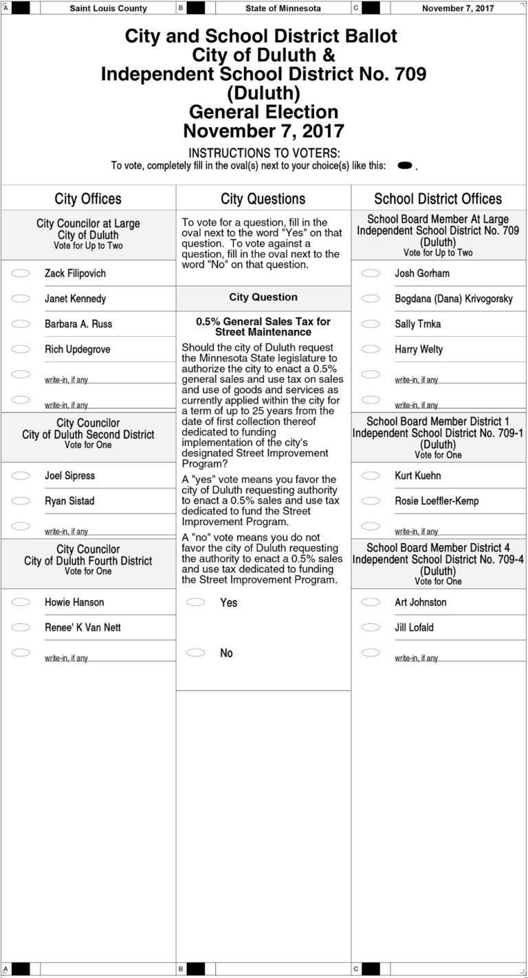 Duluth 2017 General Election Sample Ballot