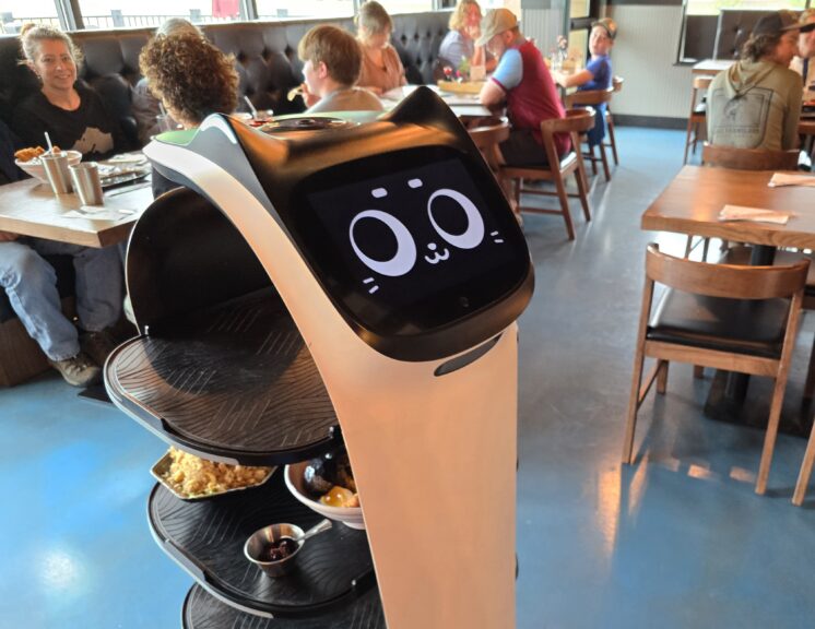 plates of food line shelves of a black robot server with cat ears